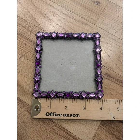 VTG Y2K Jeweled 3x3 Square Picture Frame Pewter Amethyst Lavender Rhinestones - Picture 8 of 16